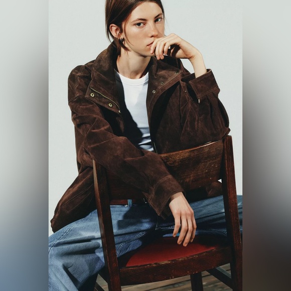 Zara Oversized Brown Genuine Suede 100% Leather Jacket NWOT size XS - Picture 6 of 7
